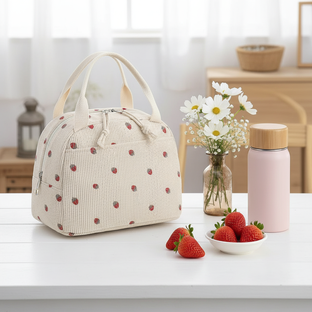 Sac à déjeuner velours côtelé beige fraises brodées Wandf sur table blanche avec fleurs blanches et thermos pastel