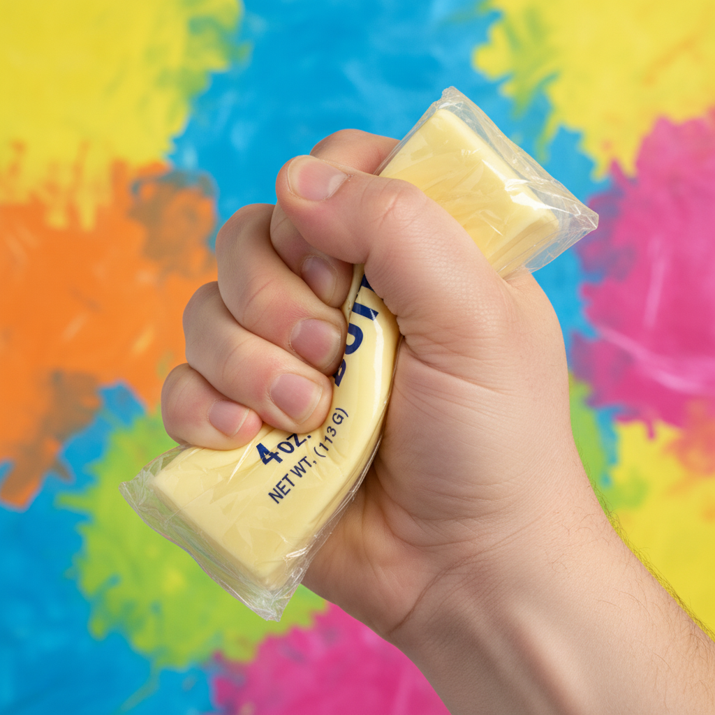 Main qui squeeze le jouet squishy beurre jaune