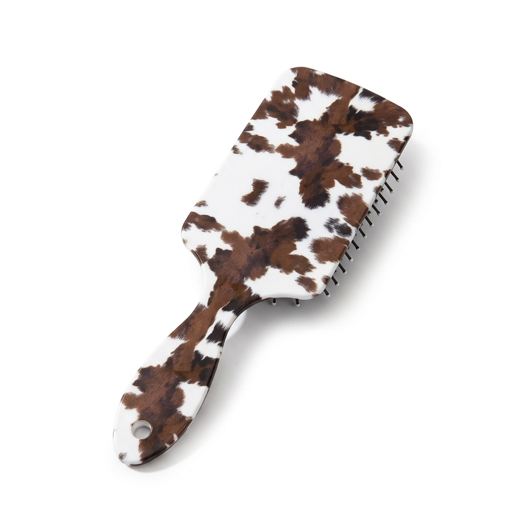 Grande brosse démêlante Josslyn à motif vache brune sur fond blanc
