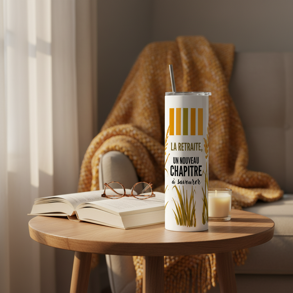 Gobelet isotherme La Retraite un nouveau chapitre à savourer - décor lecture cosy