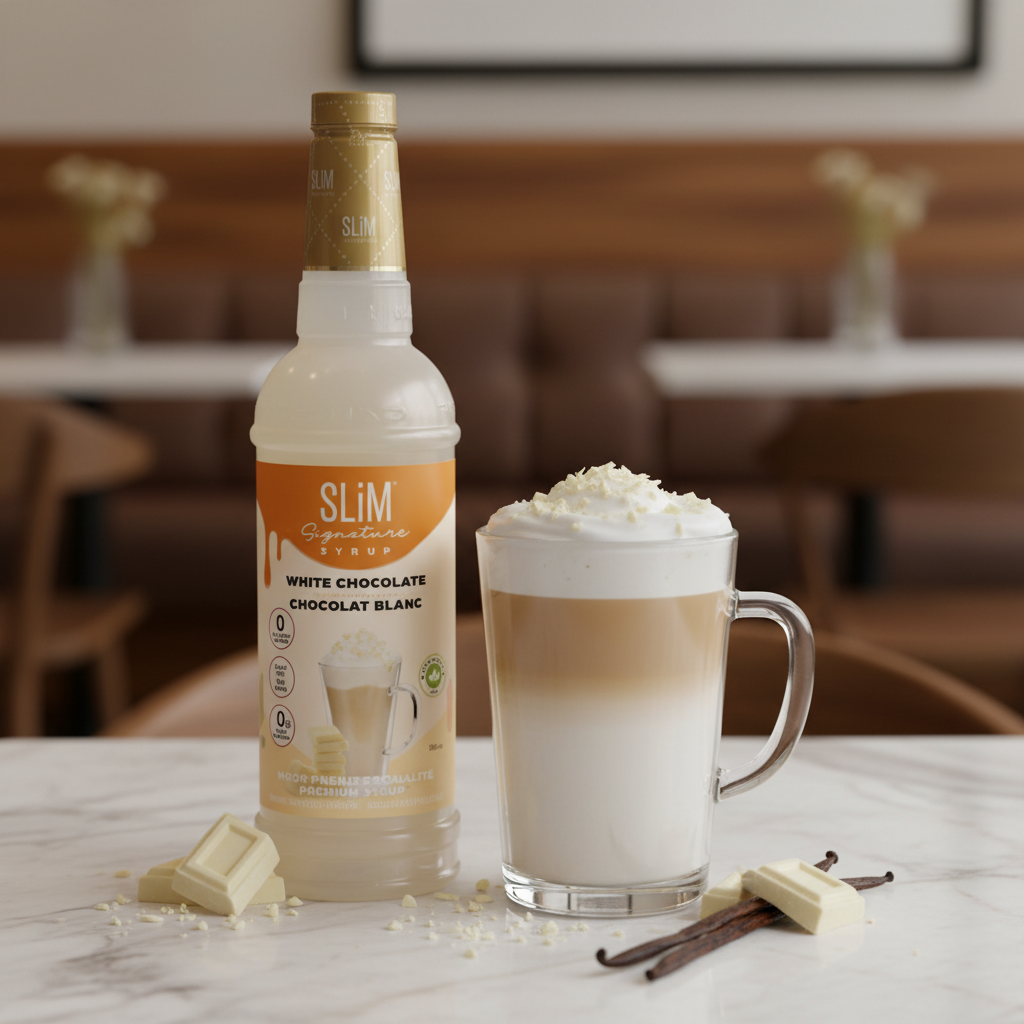Sirop SLiM Chocolat Blanc avec latte crémeux et copeaux de chocolat blanc, ambiance café élégant