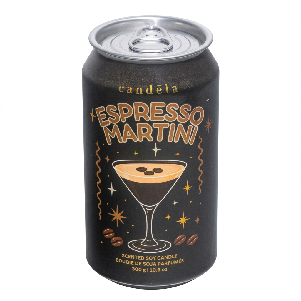 Bougie de soja CANDÈLA Espresso Martini de 300 g en canette noire sur fond blanc
