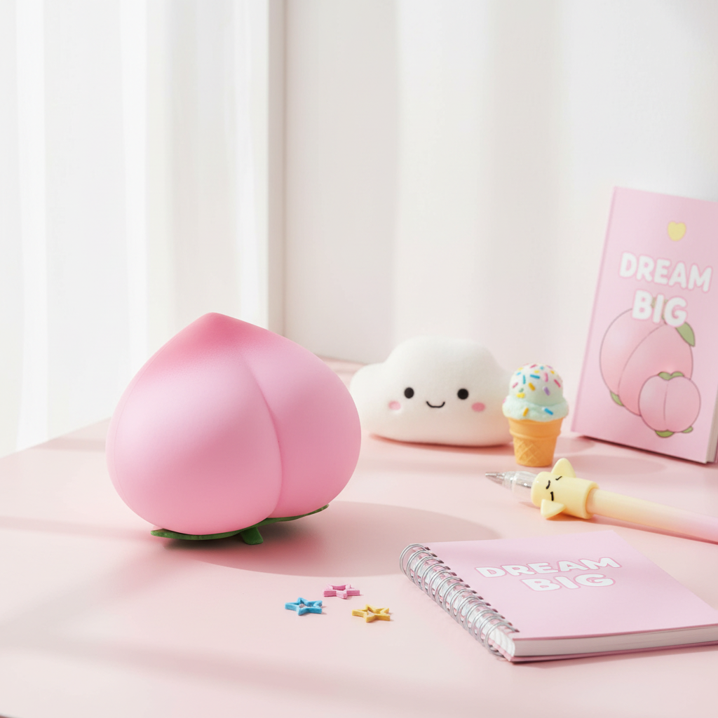 Jumbo Squishy Pêche Rose 6 po sur bureau pastel avec jouets kawaii