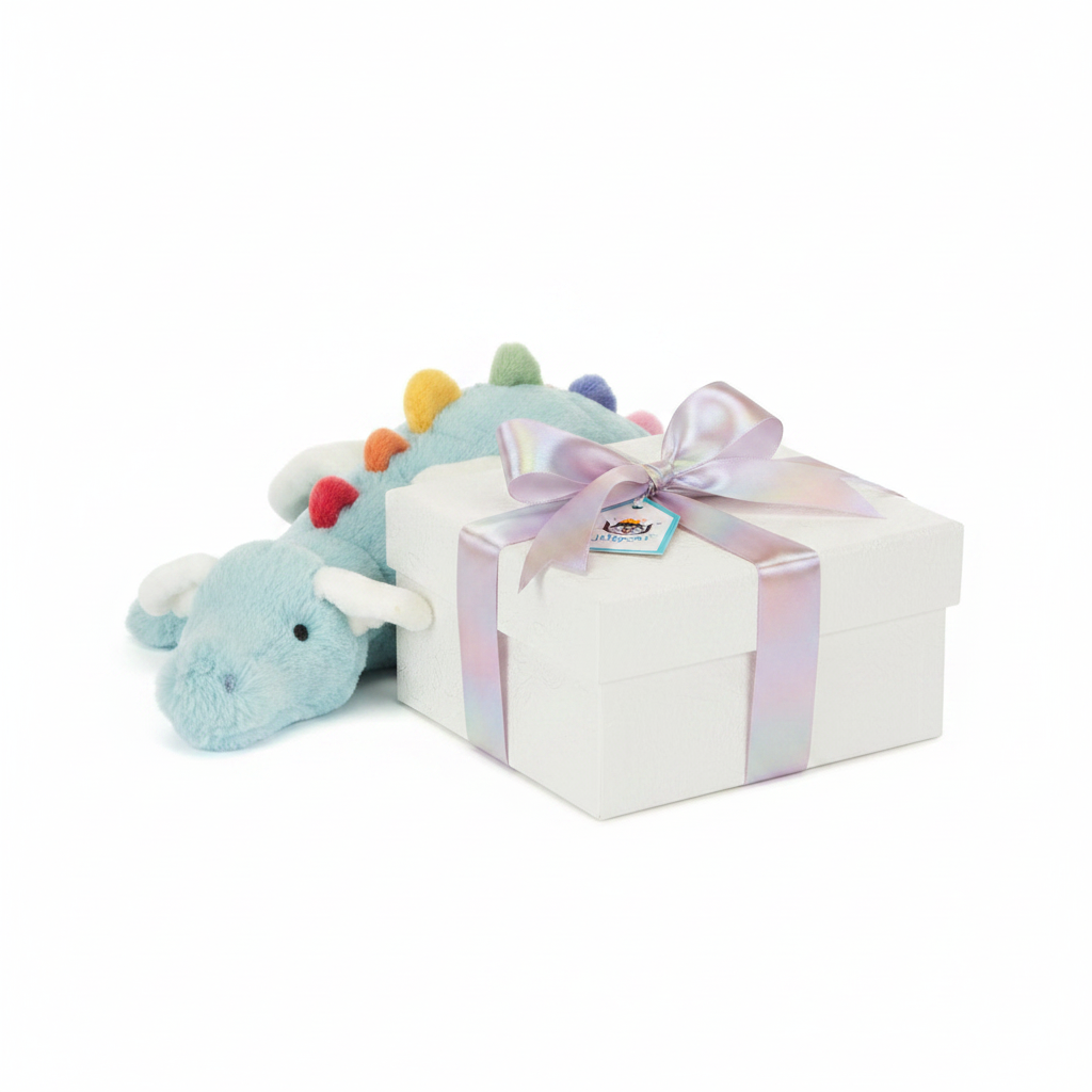 Jellycat Sky Dragon présenté comme cadeau — peluche premium