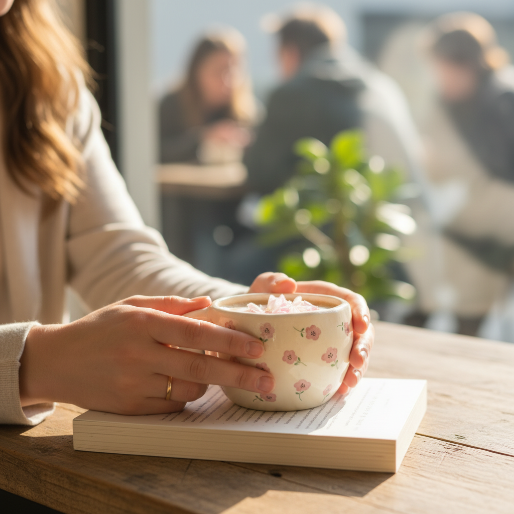 Mains tenant la tasse Roseline dans un café cosy