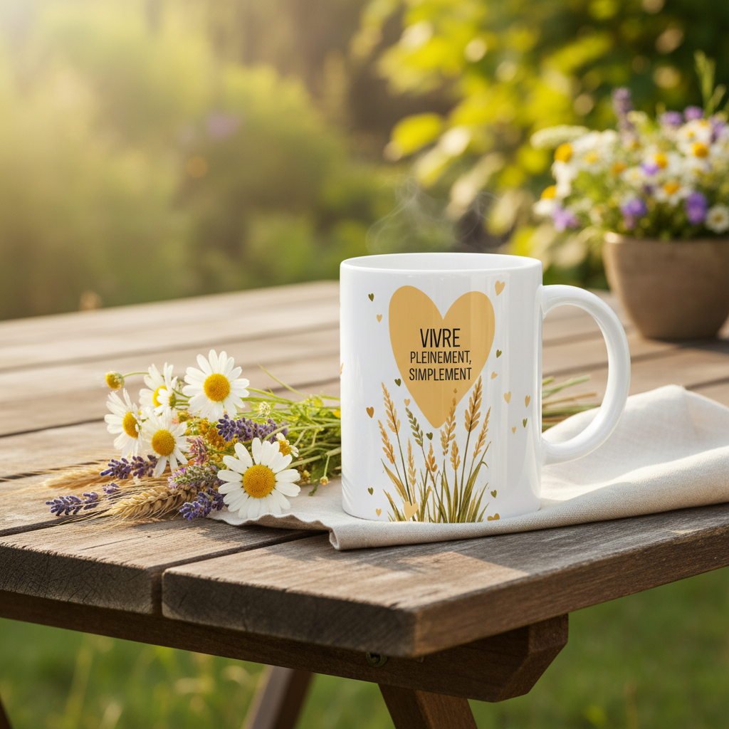 Tasse Vivre Pleinement Simplement - décor jardin ensoleillé champêtre