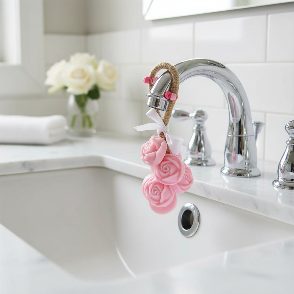 Savon sur corde roses roses Savonnerie Relief accroché au robinet