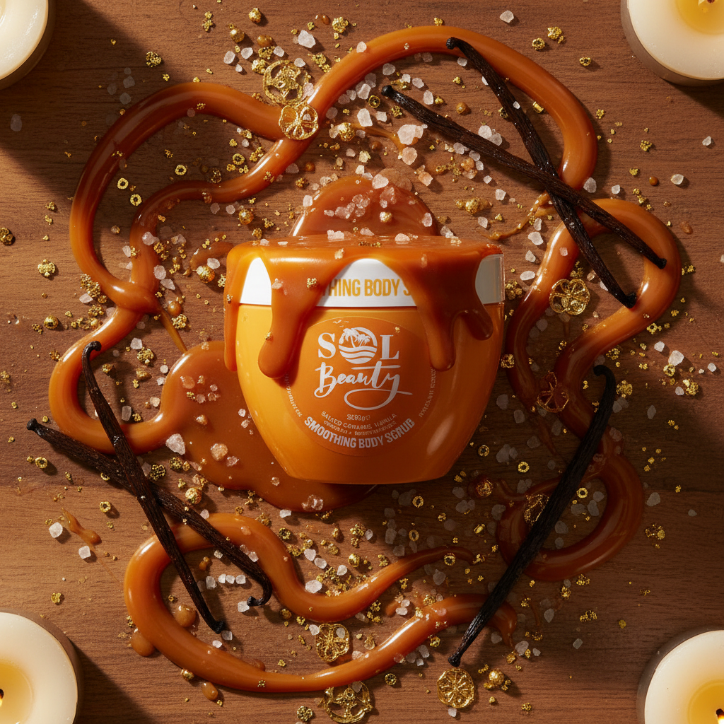 Gommage lissant corps Sol Beauty Caramel Salé Vanille sur surface en bois, ambiance spa chaleureuse avec caramel et vanille
