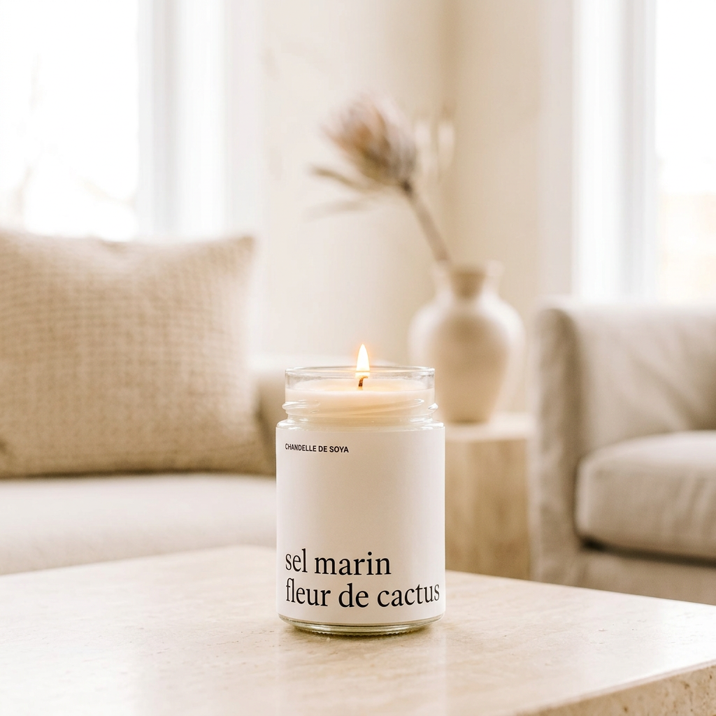 Chandelle Sel marin et fleur de cactus Marée allumée dans un décor beige chaleureux