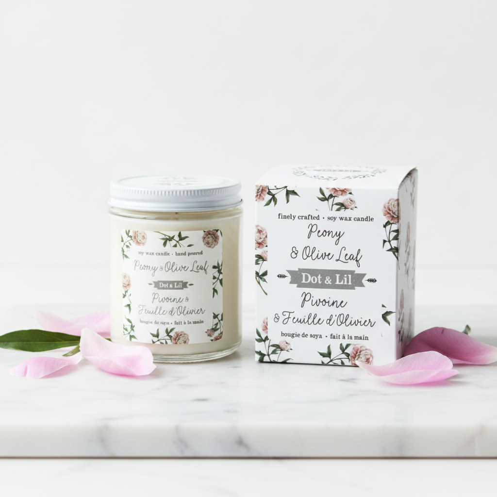 Bougie de soya Pivoine Feuille d'Olivier Dot & Lil avec boîte cadeau fond blanc