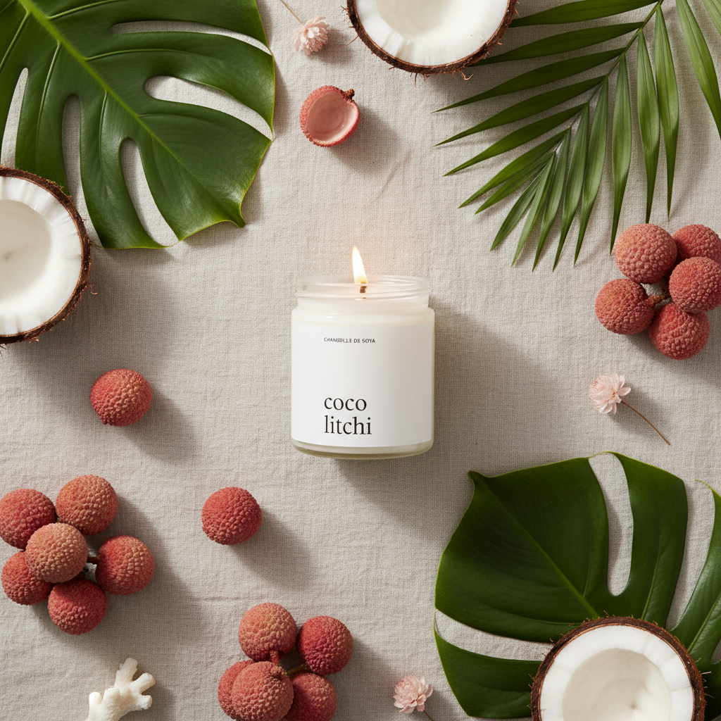 Chandelle de soya Coco Litchi allumée sur surface en lin avec noix de coco et litchis, ambiance tropicale