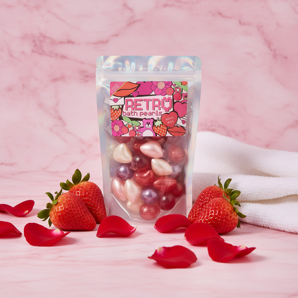 Perles de bain Rétro Pink Mix sur marbre rose avec pétales et fraises