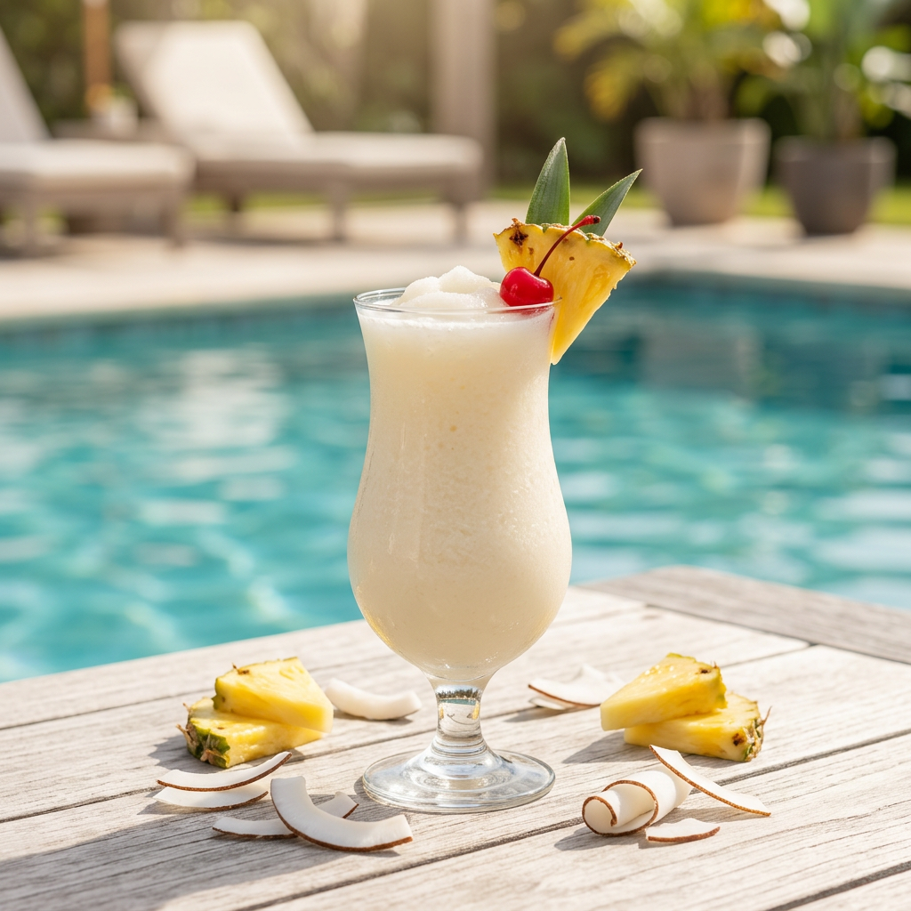 Suggestion de présentation de Piña Colada glacée sur une terrasse au bord de la piscine