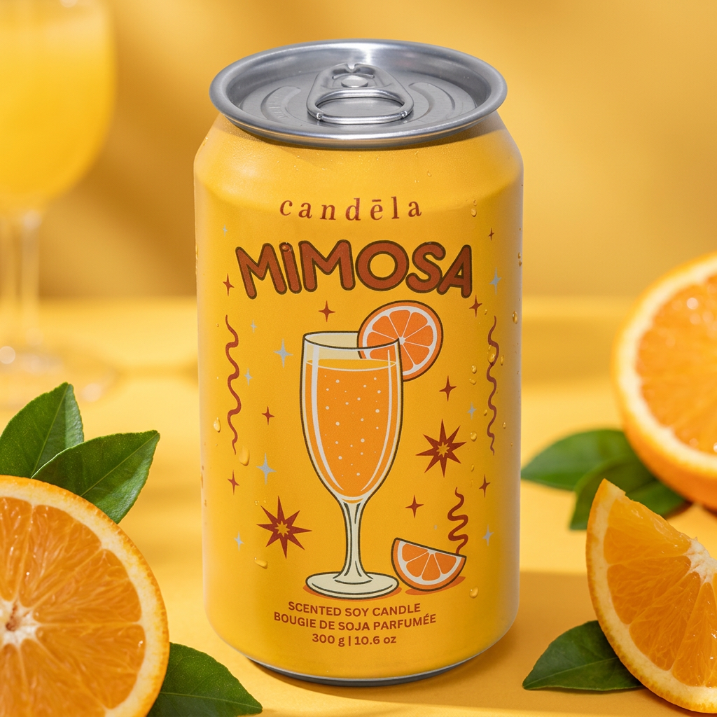 Bougie CANDÈLA Mimosa dans un décor jaune ensoleillé avec des oranges