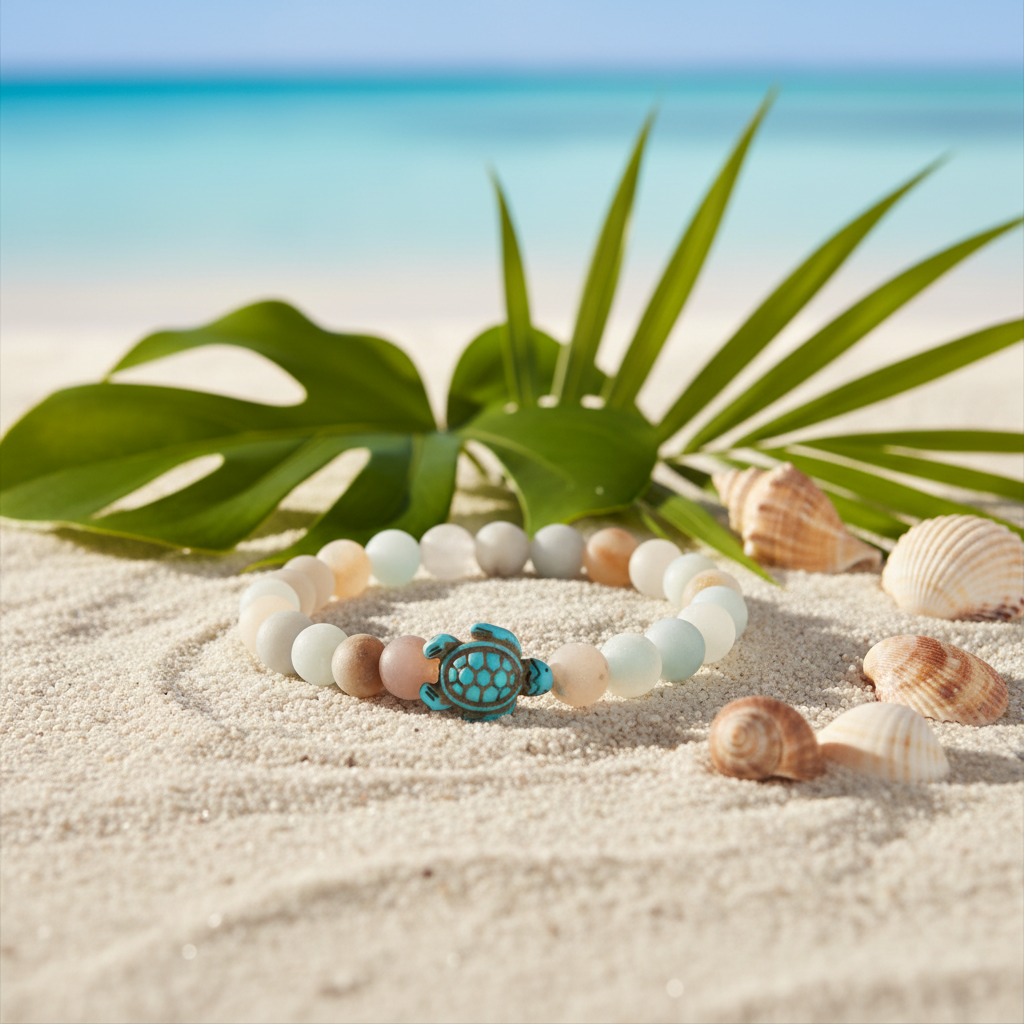 Bracelet Fahlo Journey Tortue Sky Stone sur sable blanc avec coquillages