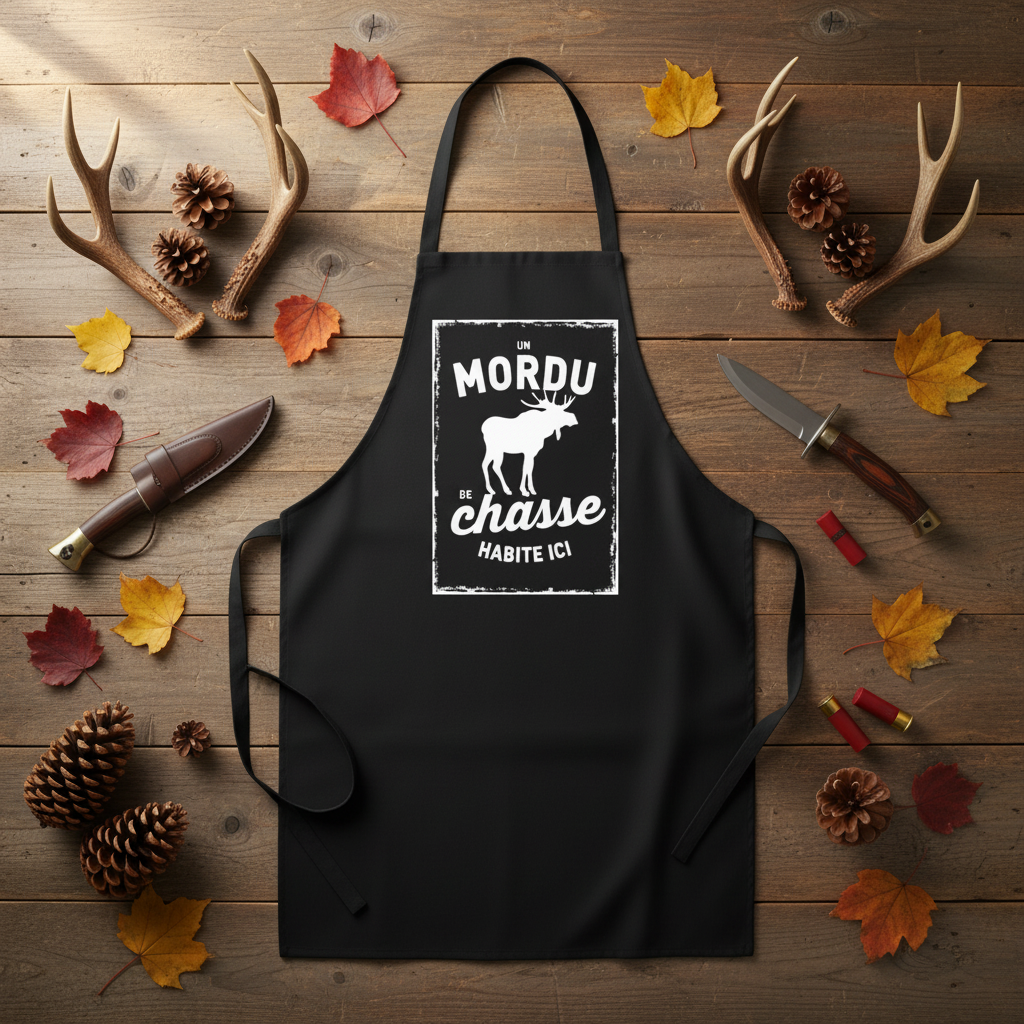 Tablier noir chasse flat lay avec accessoires chasse et feuilles d’automne