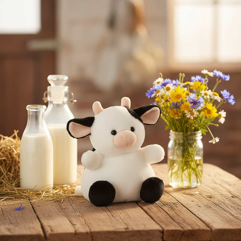 Peluche vache Sweetie Aurora ronde blanche et noire dans ambiance ferme lifestyle