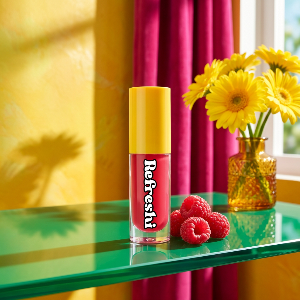 Huile à lèvres Refreshi Red Raspberry avec des framboises dans un décor vert émeraude, fuchsia et jaune.