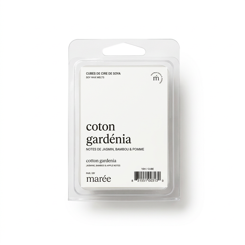 Cubes de cire de soya Coton et gardénia Marée sur fond blanc