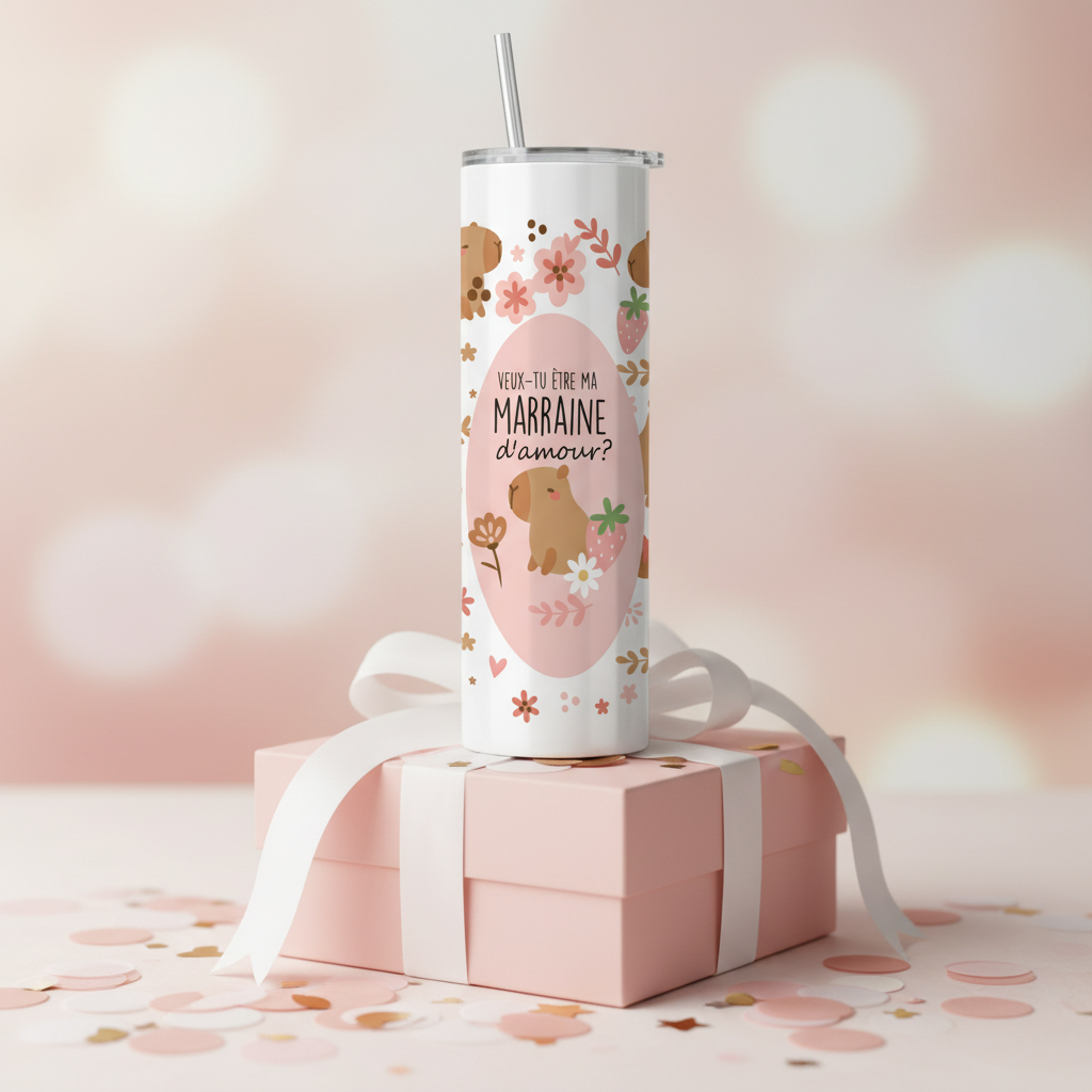 Gobelet capybara Marraine d'amour - décor cadeau annonce rose