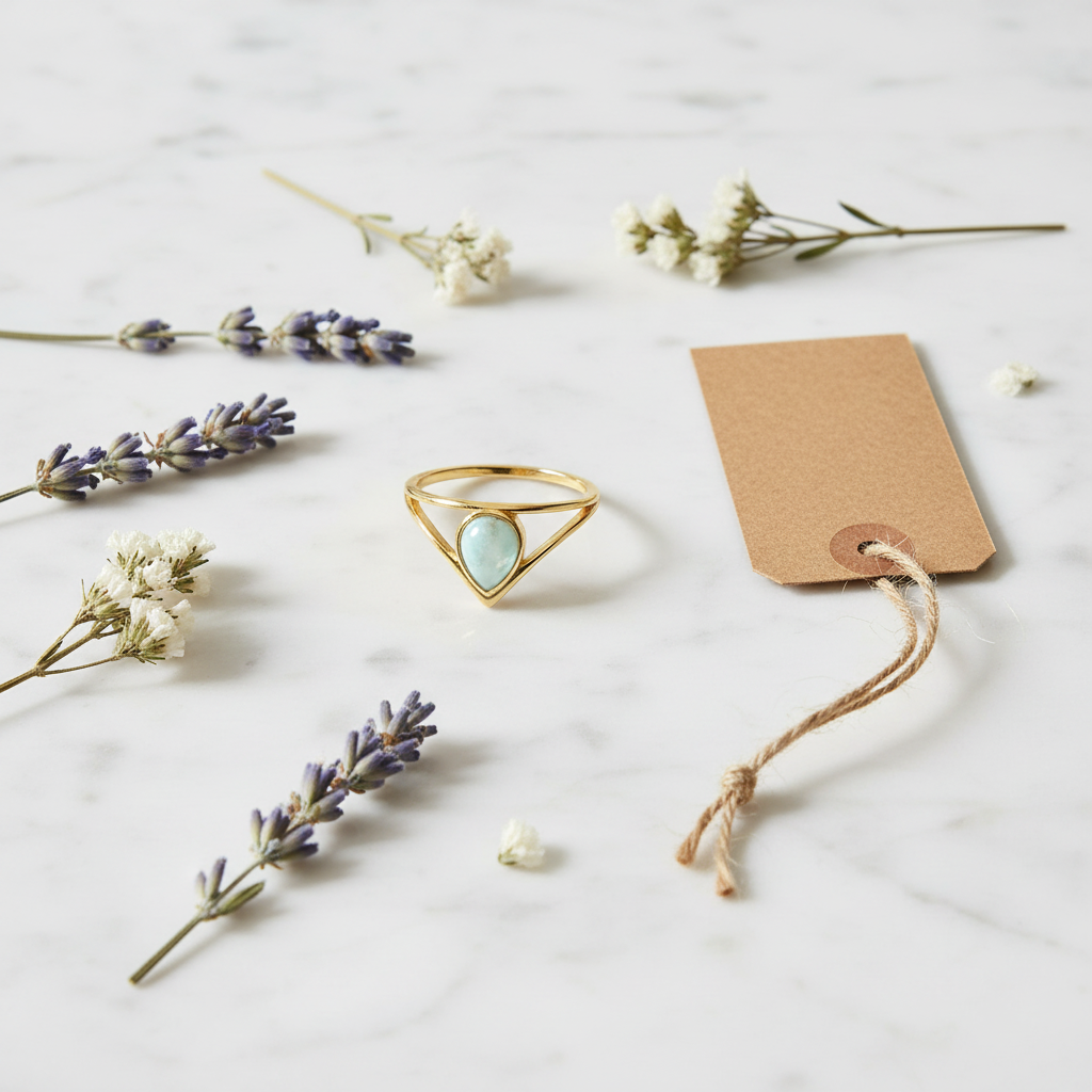 Flat lay bague Mikayla aigue-marine sur marbre blanc