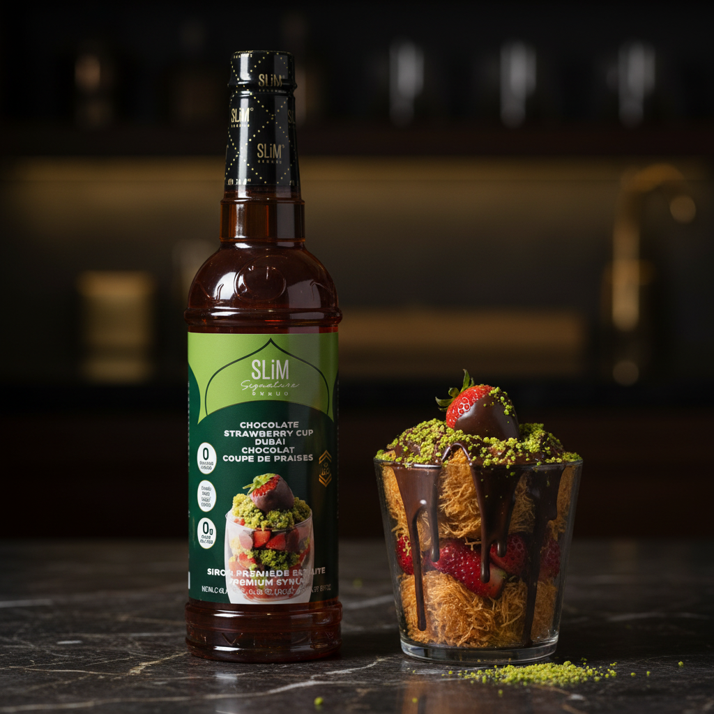 Sirop SLiM Chocolat Dubai avec coupe de fraises, kunafa, chocolat et pistaches, ambiance dessert luxueux