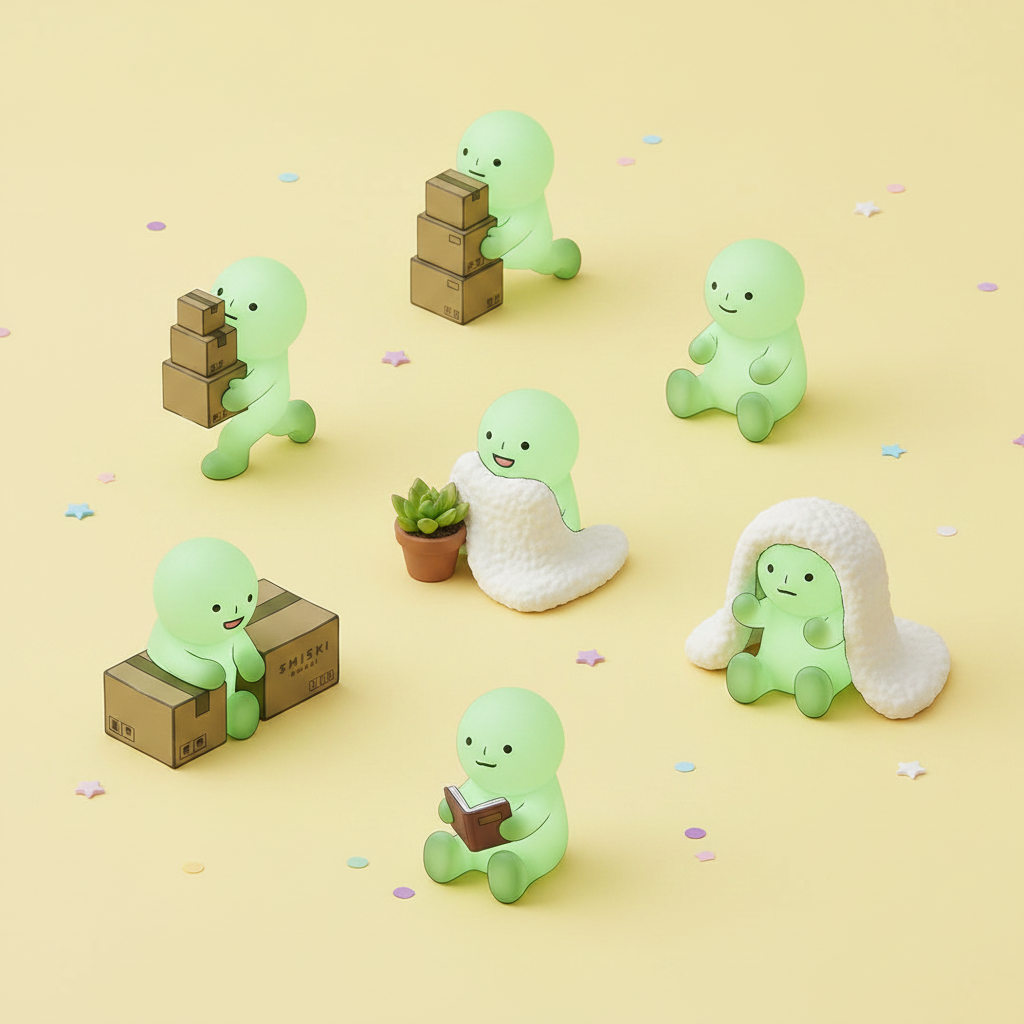 Plusieurs figurines fantôme kawaii vert en différentes poses en flat lay sur fond jaune pastel avec étoiles et confettis