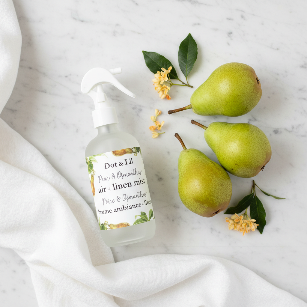 Brume Poire Osmanthus Dot & Lil flat lay marbre avec poires et fleurs