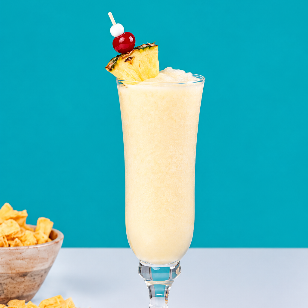 Verre de Piña Colada glacée garni d’ananas et d’une cerise sur fond turquoise, photo lifestyle nette