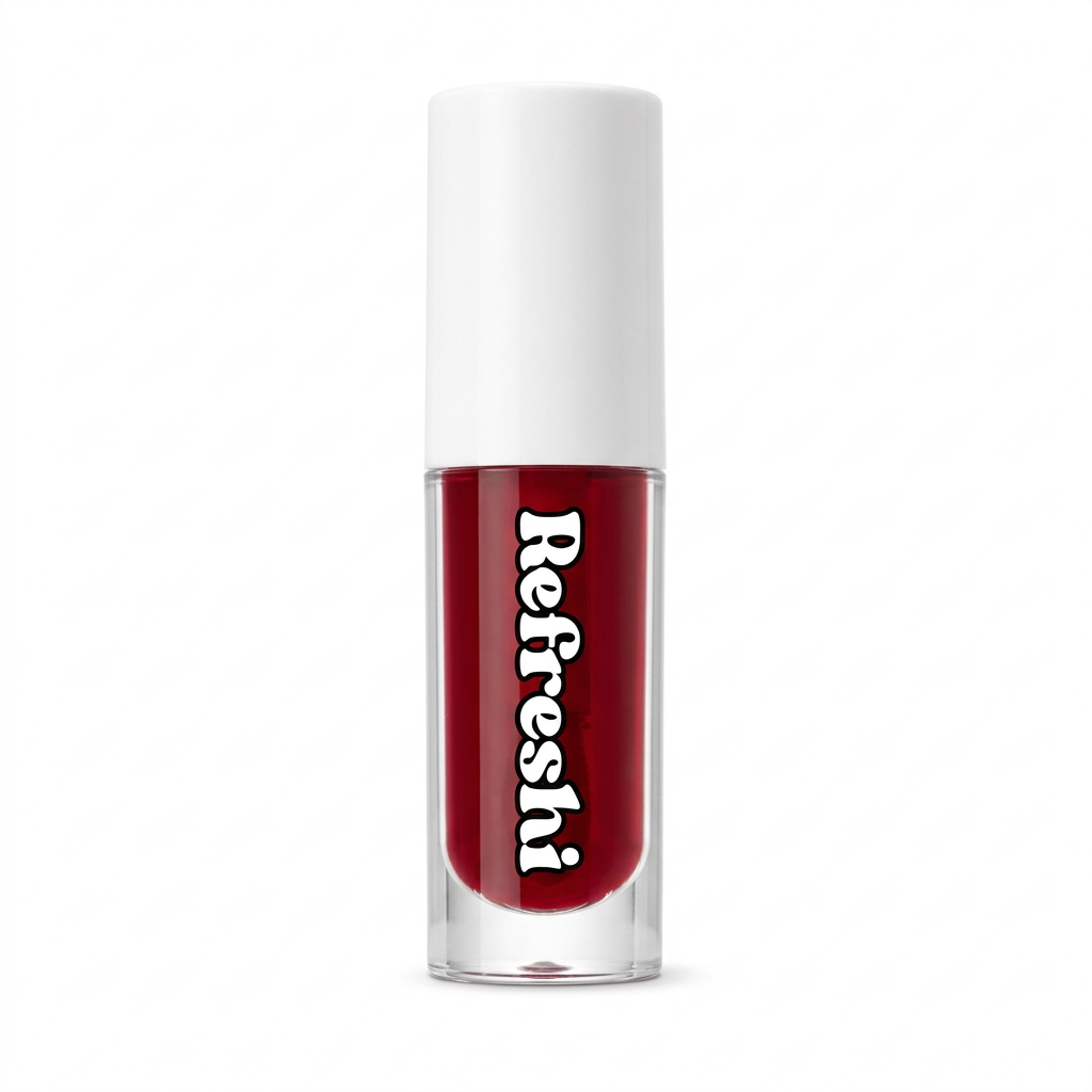 Huile à lèvres teintée Refreshi Scarlet red au capuchon blanc sur fond blanc carré.