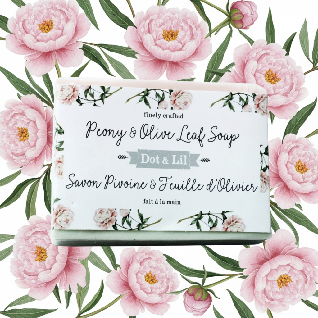 Savon artisanal Pivoine & Feuille d’Olivier Dot & Lil sur fond blanc avec fleurs de pivoine roses et feuilles d’olivier