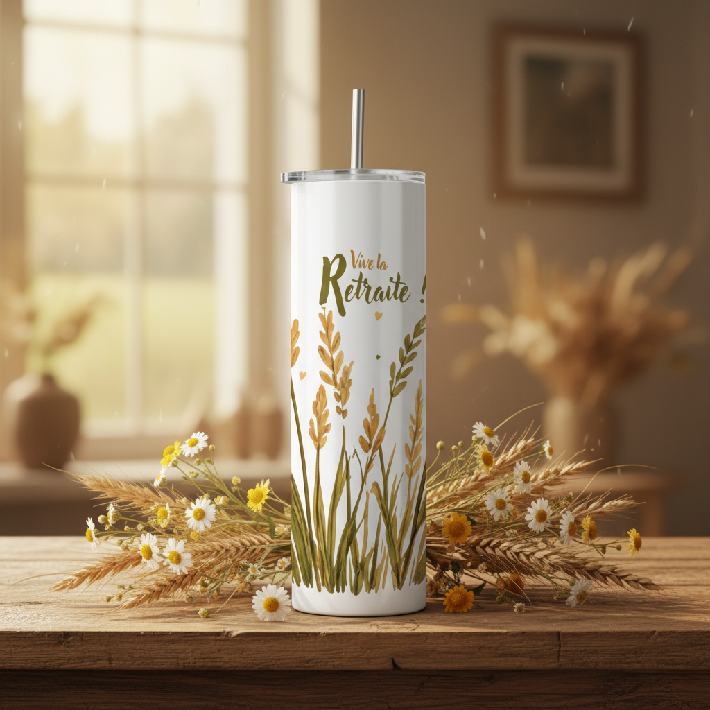 Gobelet isotherme Vive la Retraite - décor champêtre herbes dorées