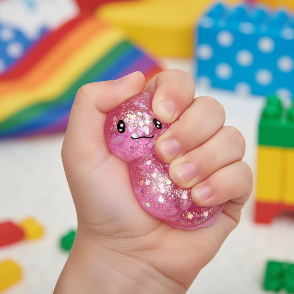 Main qui squeeze l’axolotl squishy glitter rose avec paillettes et nageoires roses