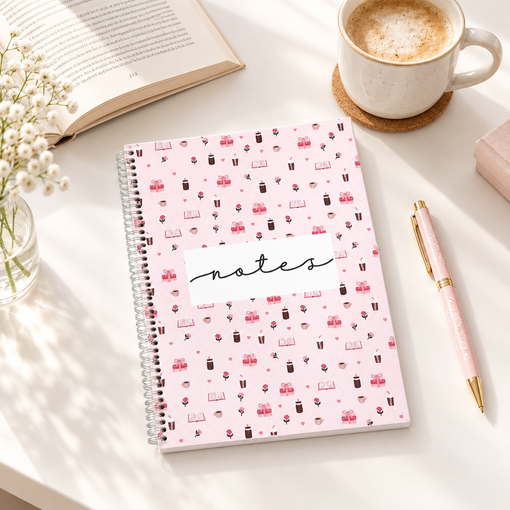 Cahier de notes rose à motifs de livres, cafés et roses sur un bureau avec un livre et une tasse