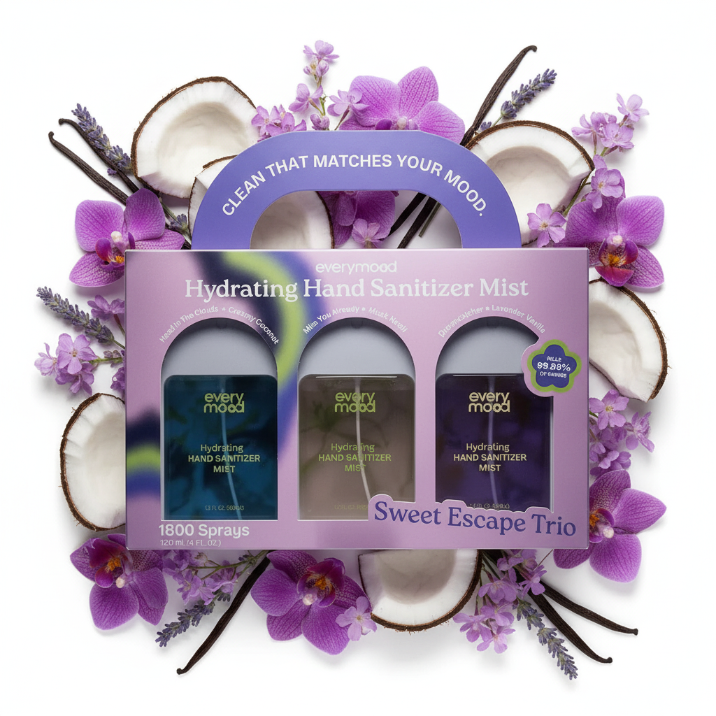 Coffret Everymood Sweet Escape Trio brume désinfectante hydratante sur fond blanc avec fleurs et éléments botaniques