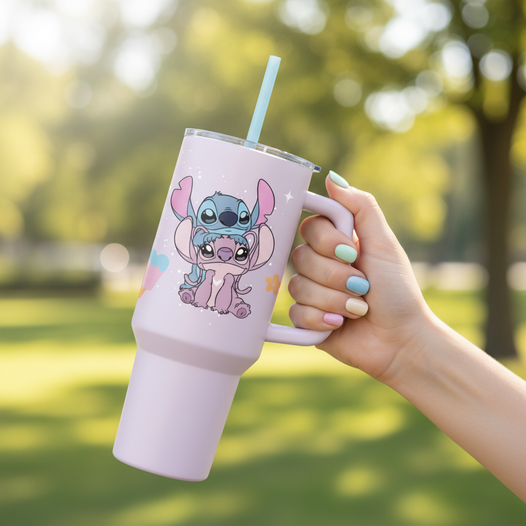 Gobelet Stitch et Angel tenu dans les mains