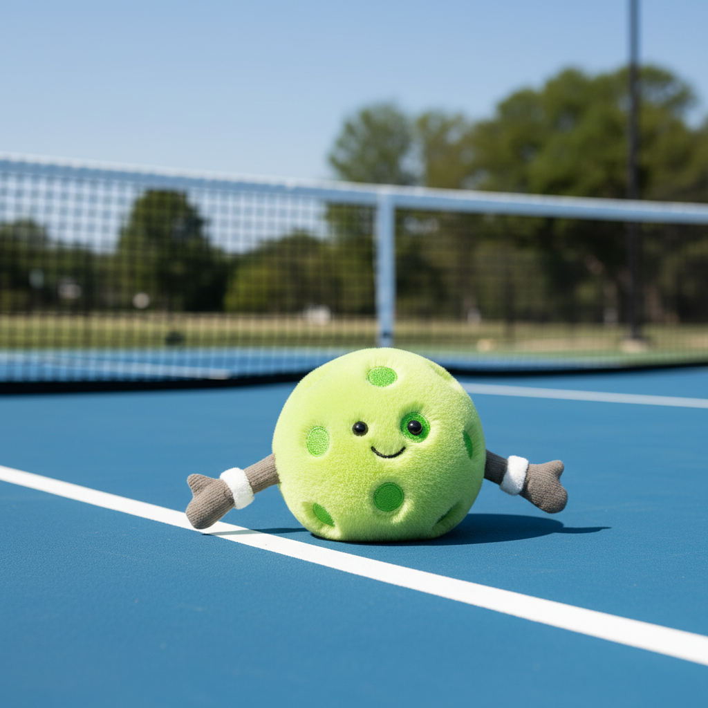 Jellycat Amuseables Sports Pickleball — Peluche balle de pickleball sur terrain ensoleillé