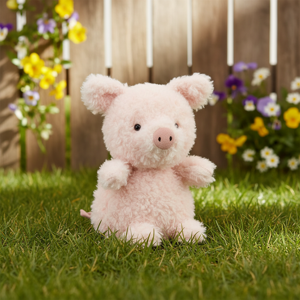Jellycat Little Pig — Petit cochon rose en ambiance ferme ensoleillée