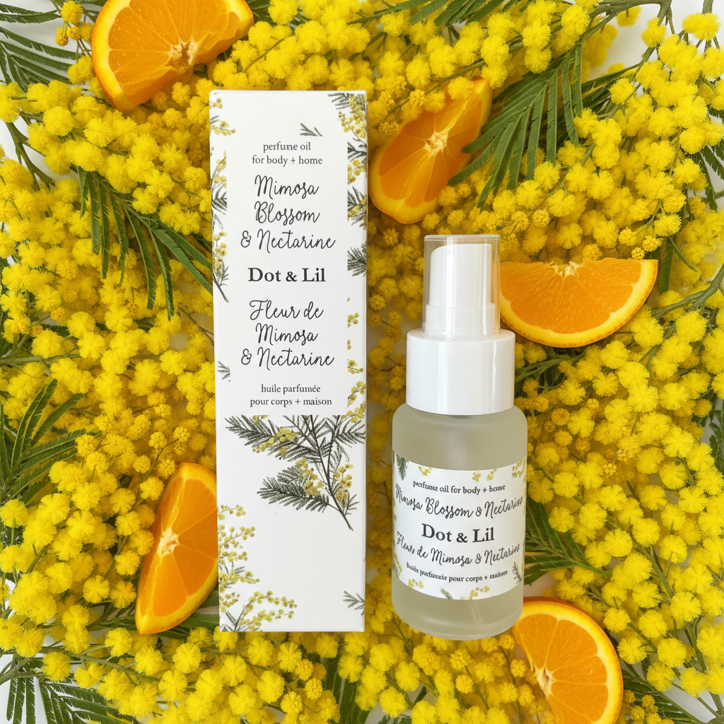 Huile parfumée Dot & Lil Fleur de Mimosa & Nectarine avec sa boîte sur fond blanc avec fleurs de mimosa et nectarines