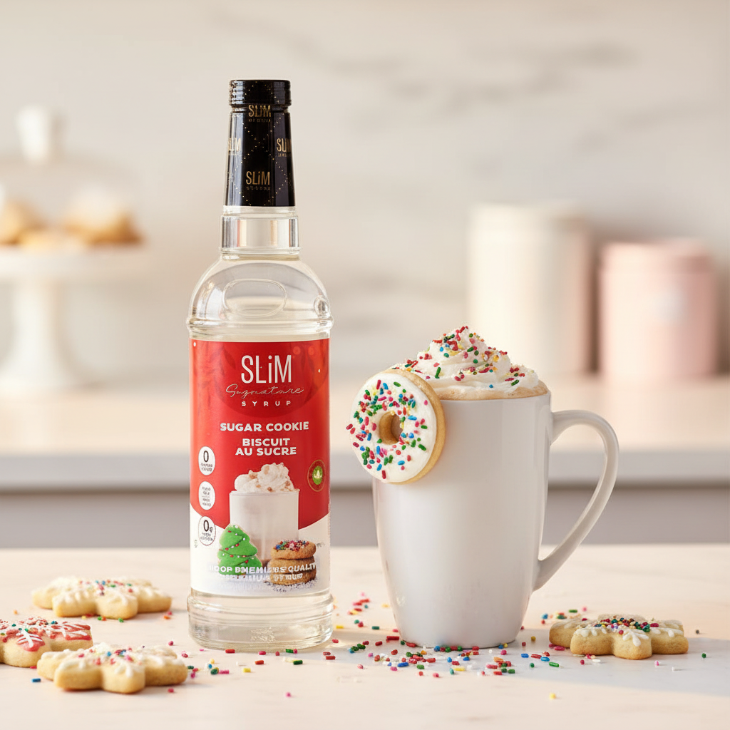 Sirop SLiM Biscuit au Sucre avec latte crémeux, crème fouettée et sprinkles colorés, ambiance fêtes gourmandes