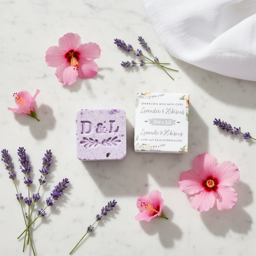 Cube lait bain effervescent Lavande Hibiscus Dot & Lil flat lay marbre