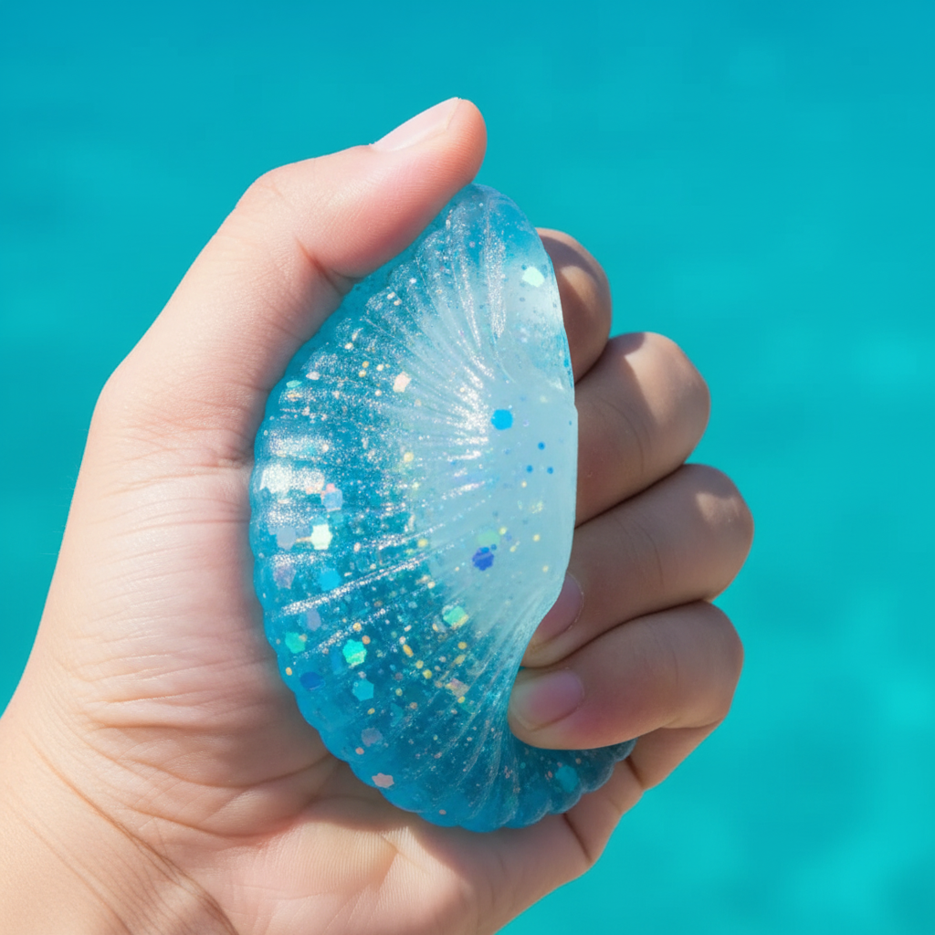 Main qui squeeze le jouet anti-stress coquillage glitter bleu translucide