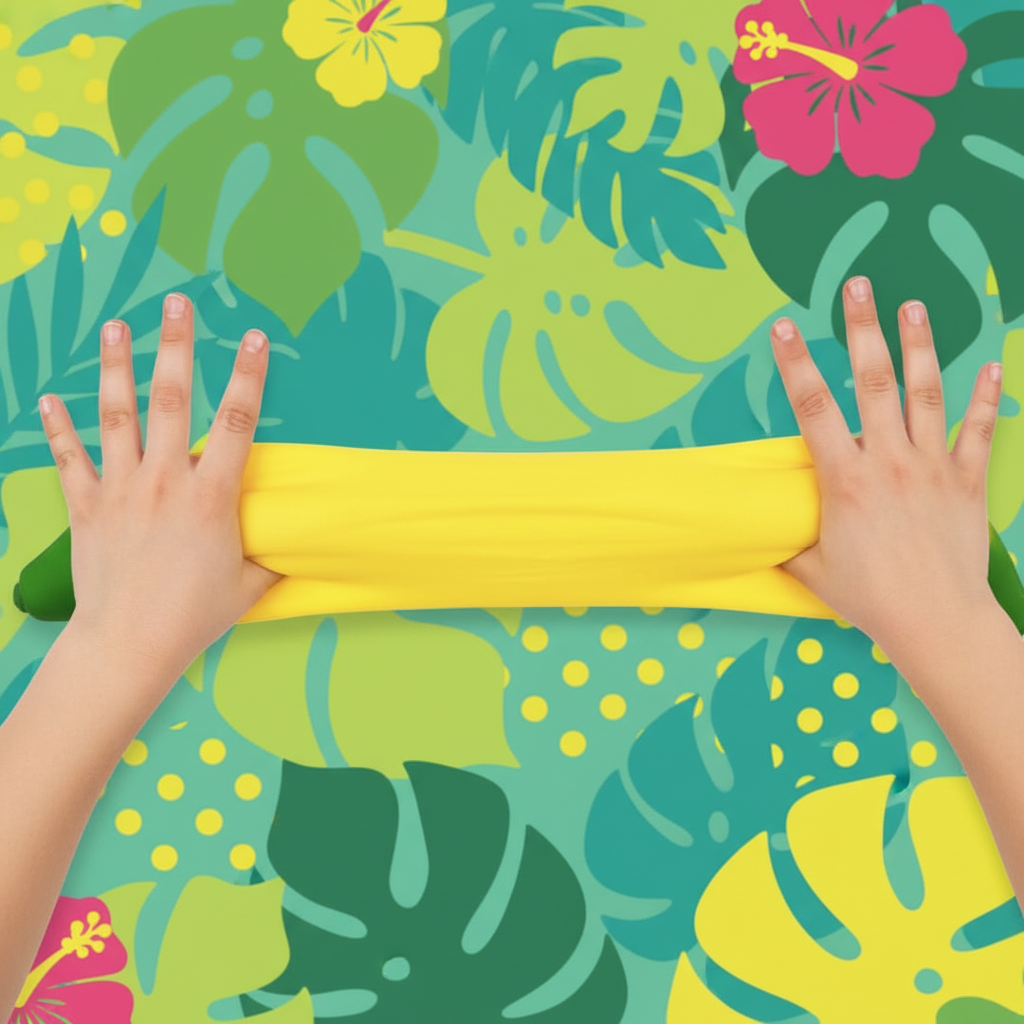 Enfant qui étire une banane squishy jumbo jaune