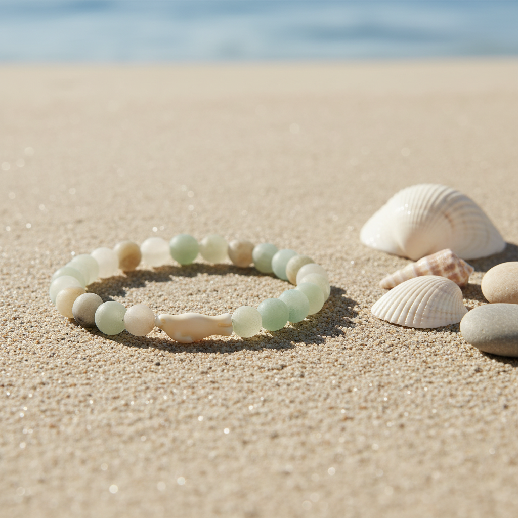 Bracelet Fahlo Phoque Sky Stone sur sable avec coquillages