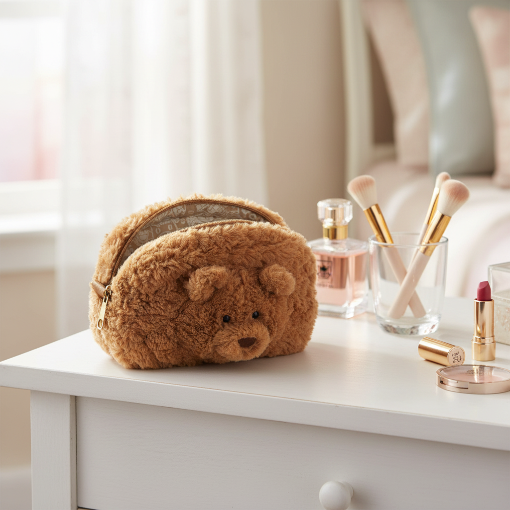 Jellycat Bartholomew Bear Pouch — Pochette ours caramel avec fermeture éclair dorée sur coiffeuse avec pinceaux de maquillage