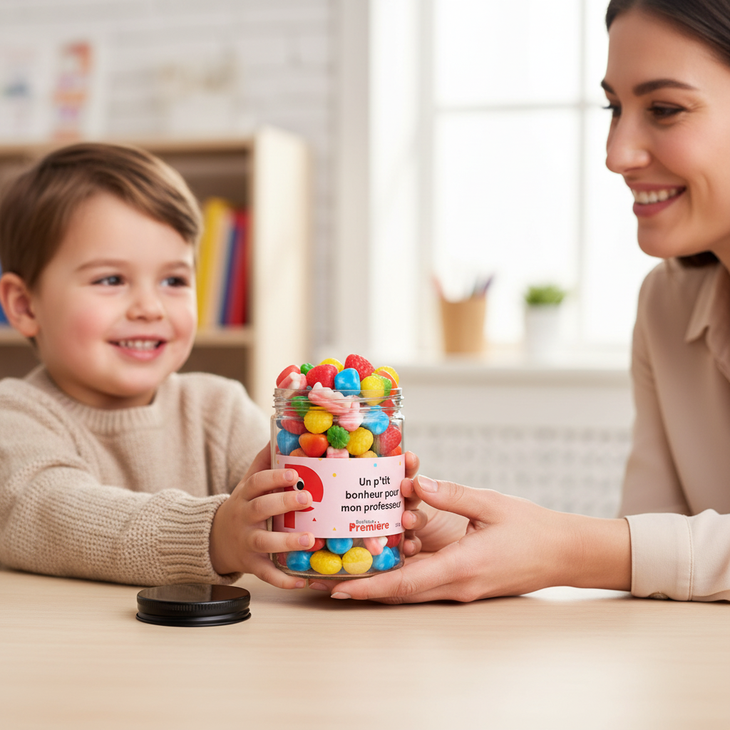 Enfant offrant un petit pot de jujubes Un p'tit bonheur pour mon professeur
