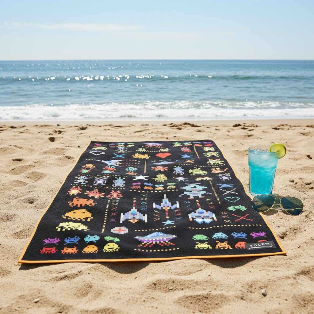 Serviette microfibre pixel galaxie SOLEM étalée sur une plage ensoleillée avec lunettes de soleil