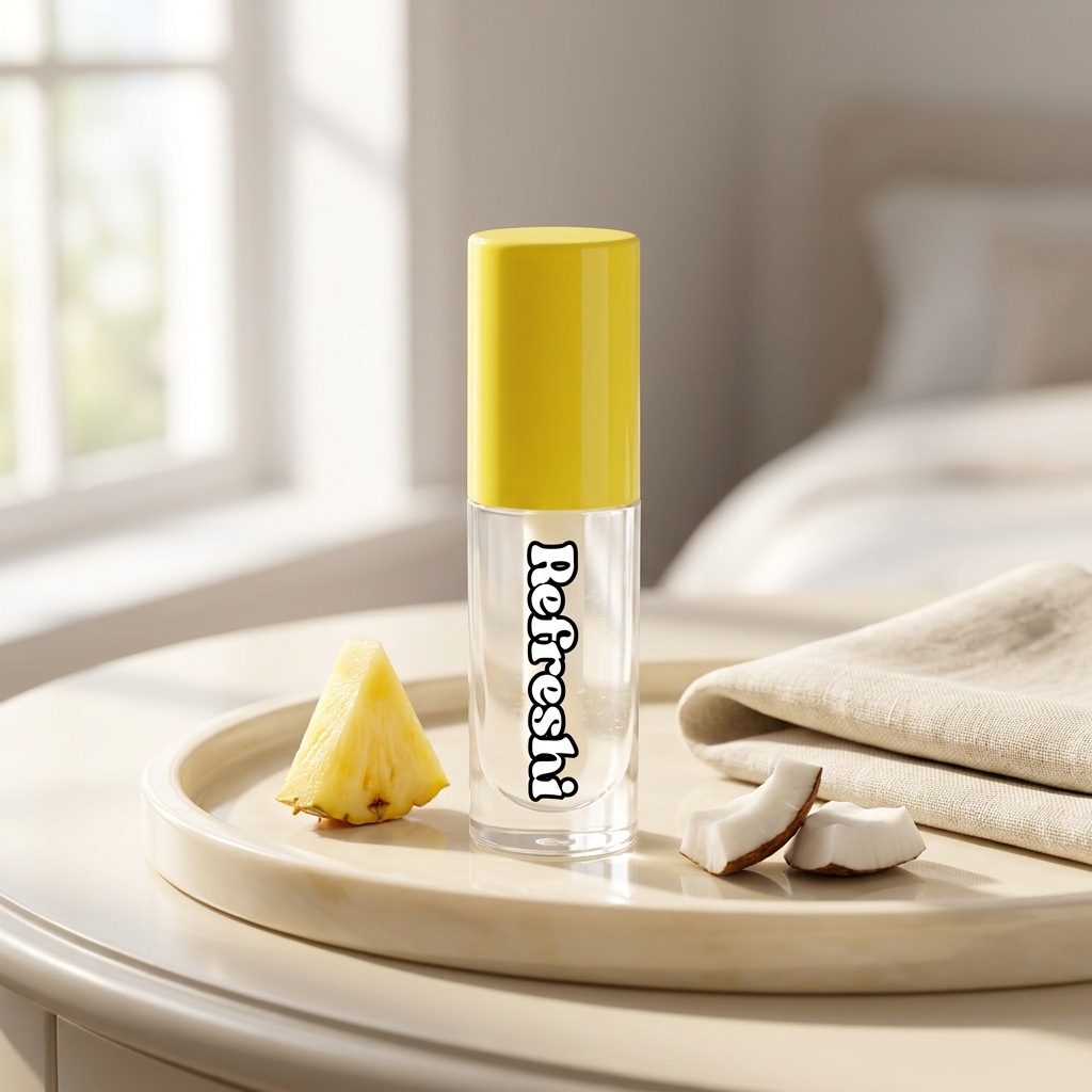 Huile à lèvres Refreshi Pina Colada dans une ambiance beauté lumineuse avec des accents tropicaux.