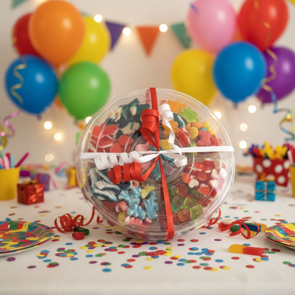 Plateau de jujubes colorés assortis sur table festive avec confettis et ballons