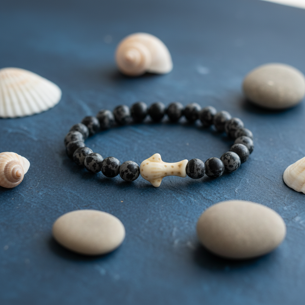 Bracelet Fahlo Requin Baleine sur surface bleue avec coquillages et galets